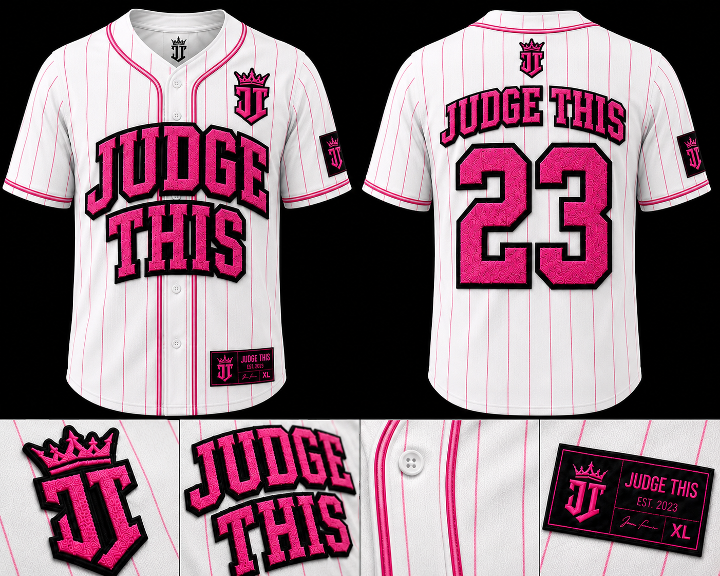 Judge This™ Baseball Jersey – White / Electric Blue / Hot Pink