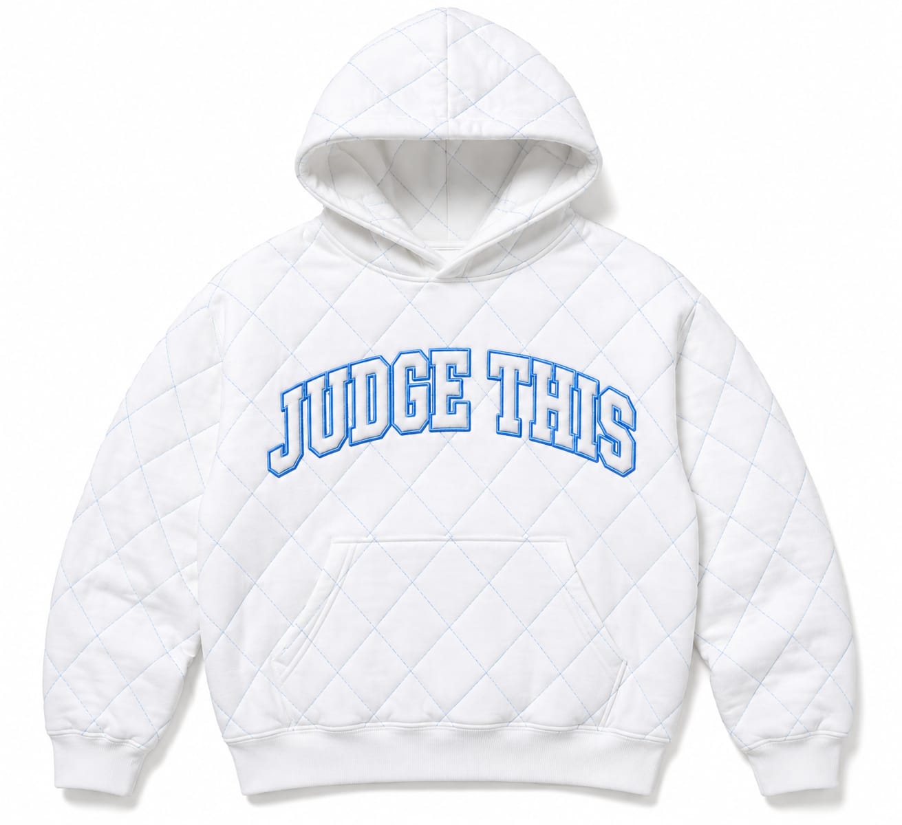 Judge This™ Luxe Quilted Hoodie – Pure White / Sky Blue