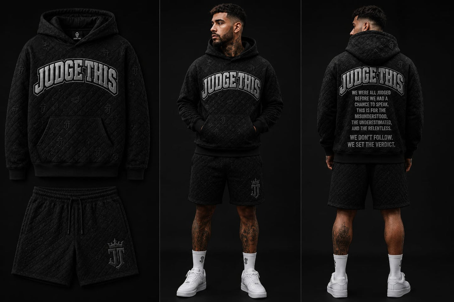 Judge This™ Verdict Monogram Quilted Hoodie & Shorts Set – Black (Silver Logo)