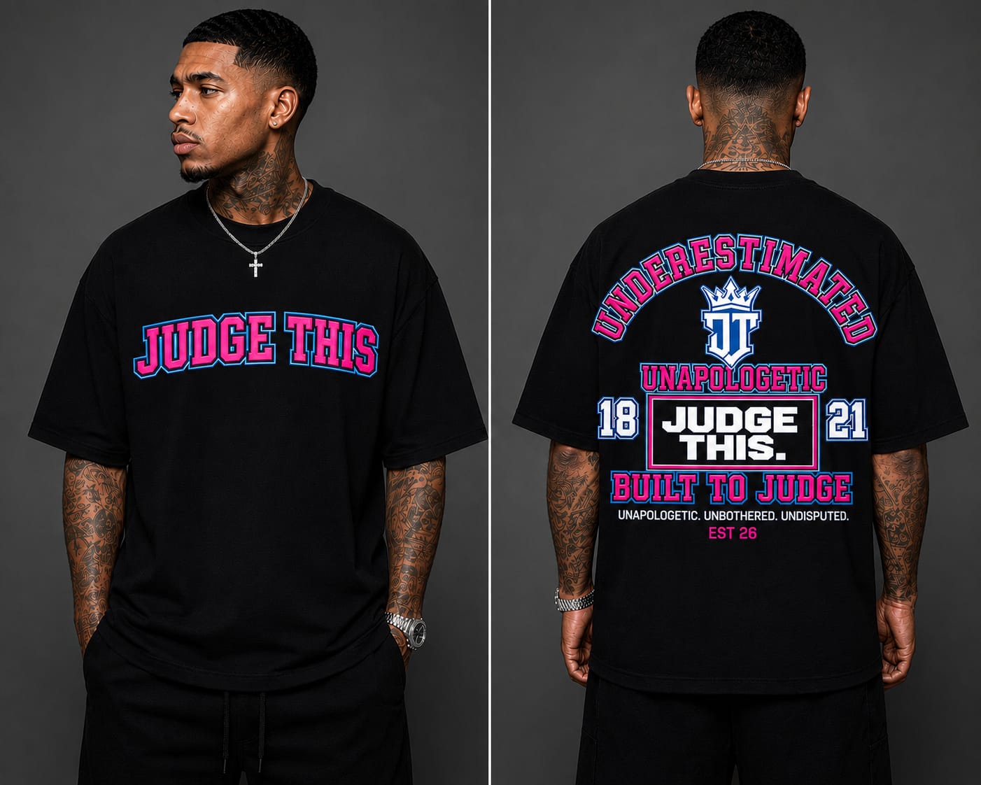 Judge This™ Underestimated Graphic T-Shirt – Hot Pink & Electric Blue / Red & White