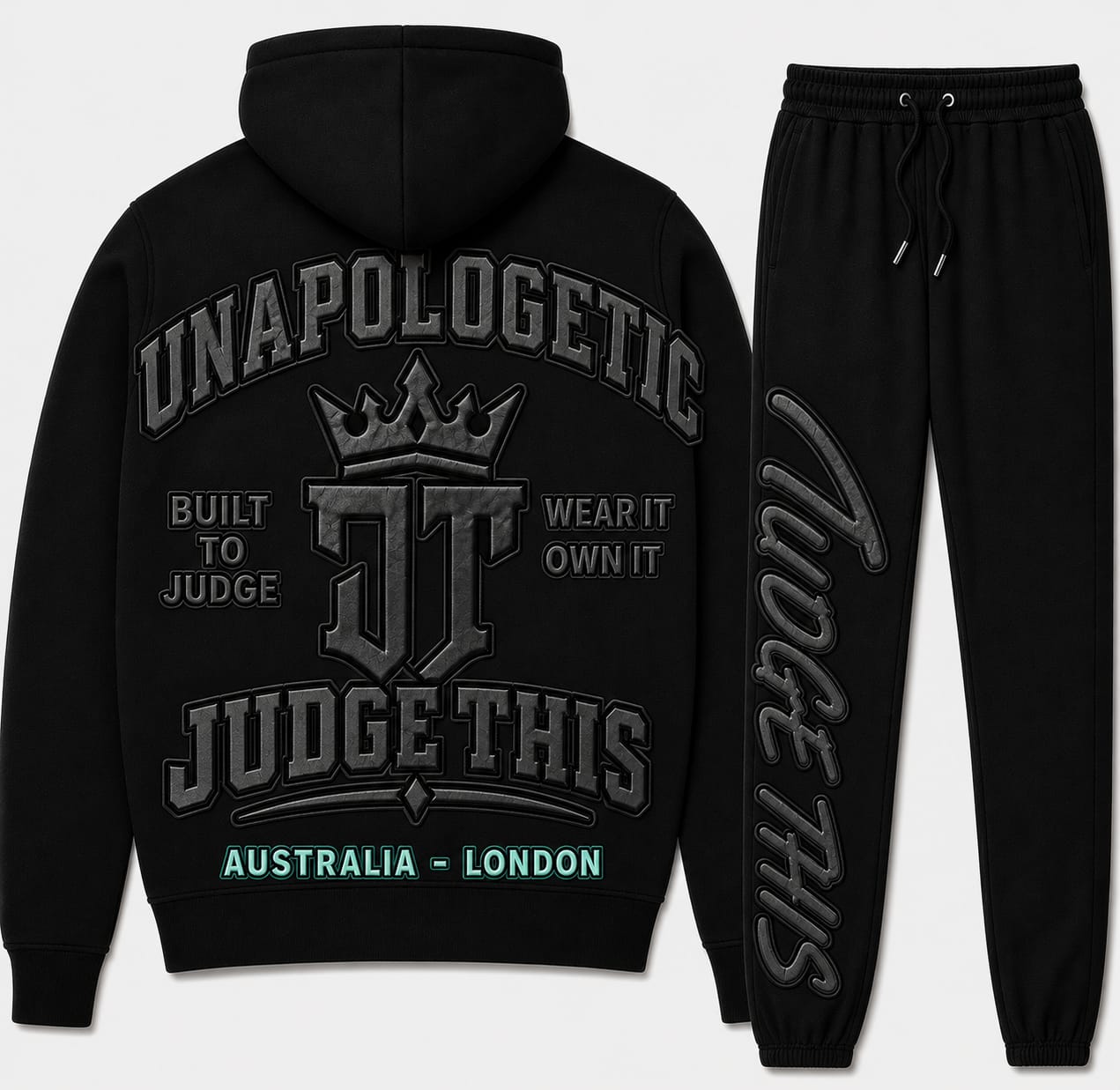 Judge This™ Unapologetic Hoodie & Trackpant Set – Teal / Electric Blue / Electric Blue & White / Red / Hot Pink / Black on Black