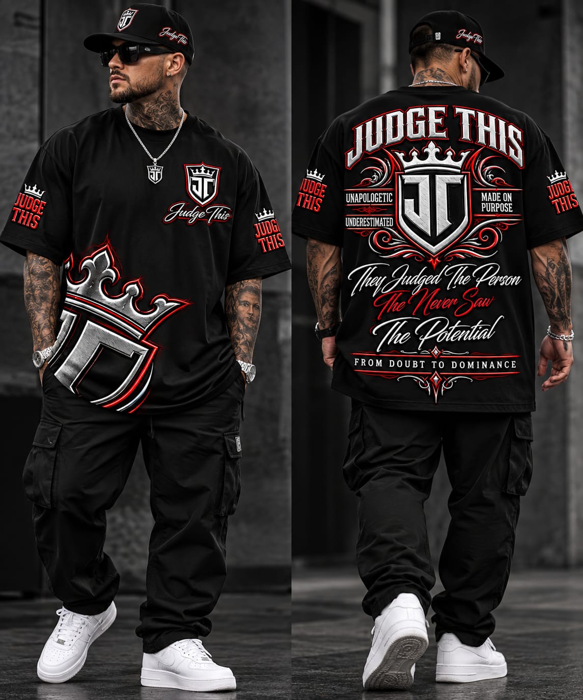 JUDGE THIS From Doubt To Dominance Oversized Tee – Black, Red & Silver