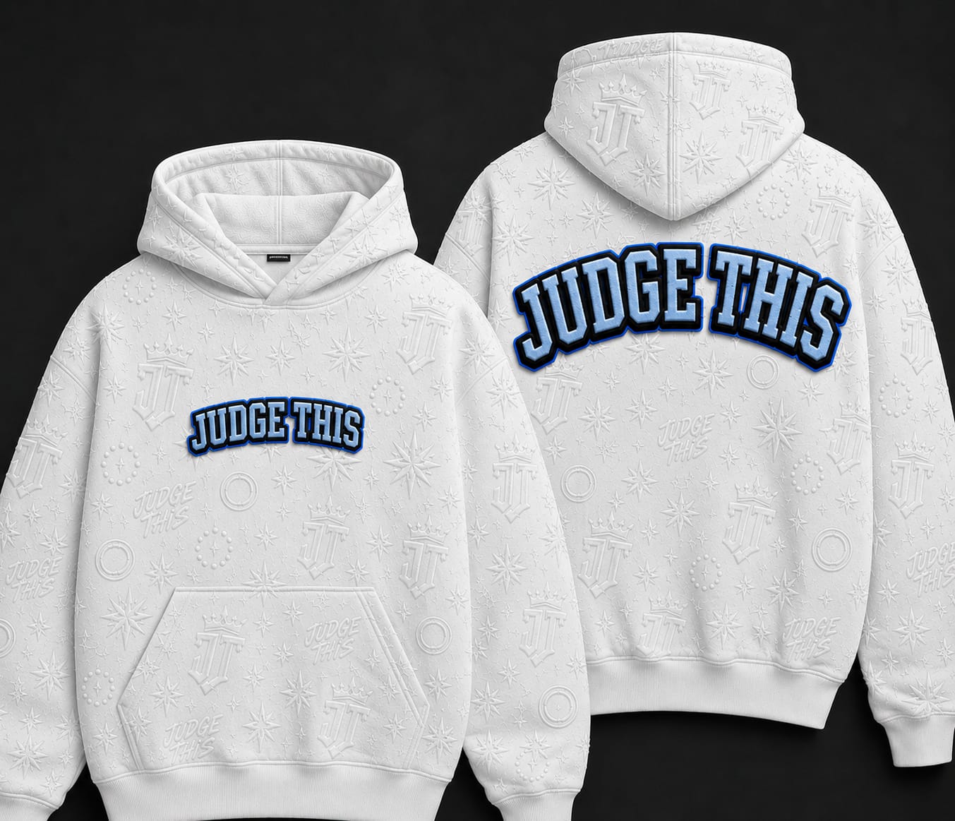 Judge This™ Monogram Embroidered French Terry Hoodie – White/Royal Blue