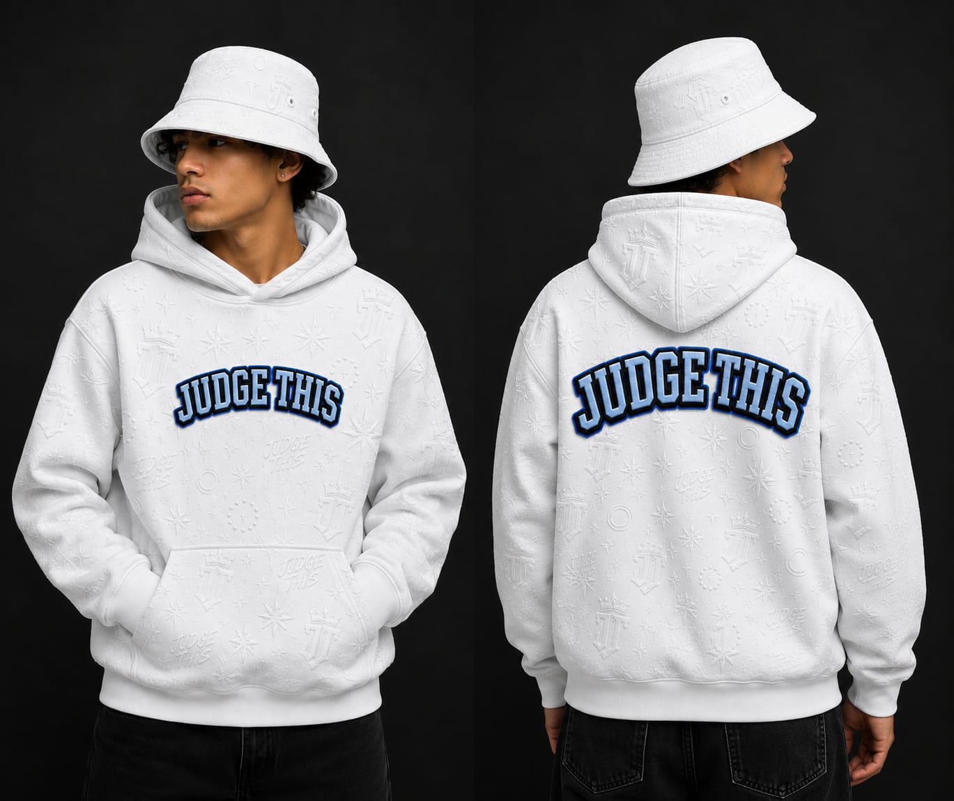 Judge This™ Monogram Embroidered French Terry Hoodie – White/Royal Blue