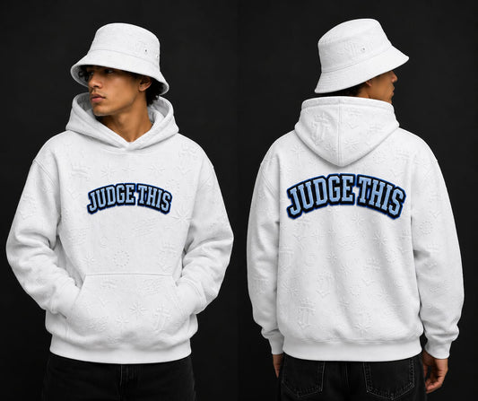 Judge This™ Monogram Embroidered French Terry Hoodie – White/Royal Blue
