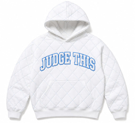 Judge This™ Luxe Quilted Hoodie – Pure White / Sky Blue