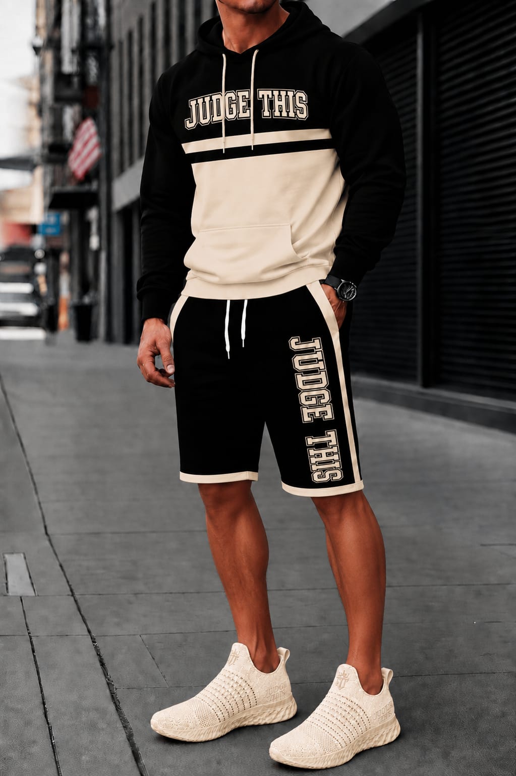 Judge This™ Two-Tone Hoodie & Shorts Set – Black/Cream