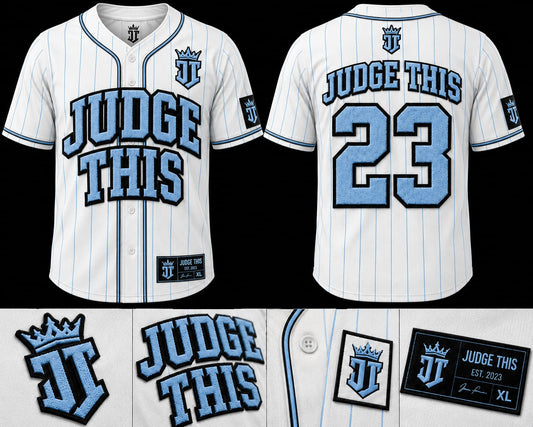 Judge This™ Baseball Jersey – White / Electric Blue / Hot Pink