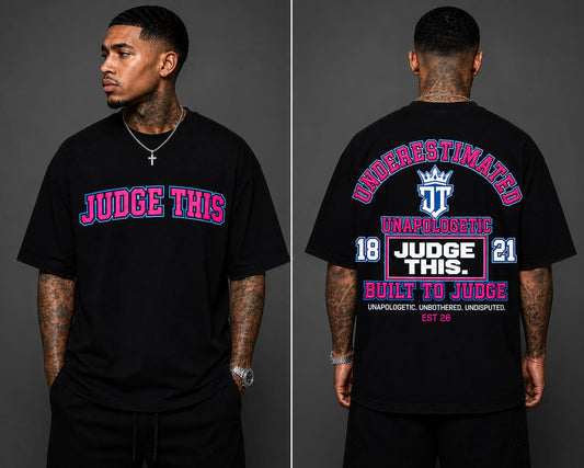 Judge This™ Underestimated Graphic T-Shirt – Hot Pink & Electric Blue / Red & White