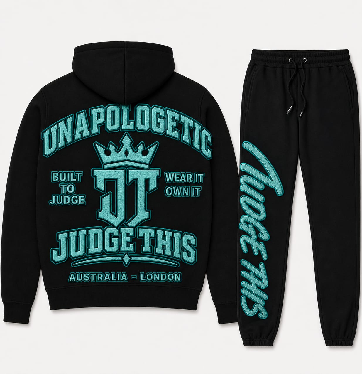Judge This™ Unapologetic Hoodie & Trackpant Set – Teal / Electric Blue / Electric Blue & White / Red / Hot Pink / Black on Black