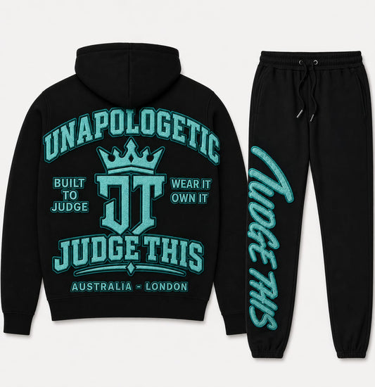 Judge This™ Unapologetic Hoodie & Trackpant Set – Teal / Electric Blue / Electric Blue & White / Red / Hot Pink / Black on Black