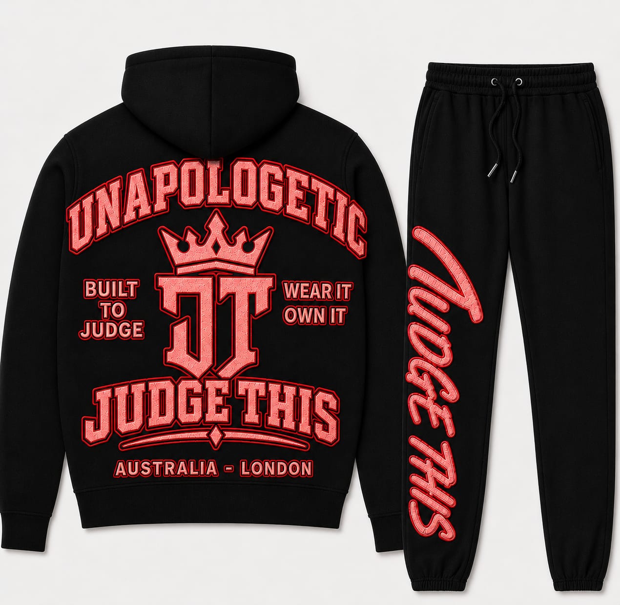 Judge This™ Unapologetic Hoodie & Trackpant Set – Teal / Electric Blue / Electric Blue & White / Red / Hot Pink / Black on Black