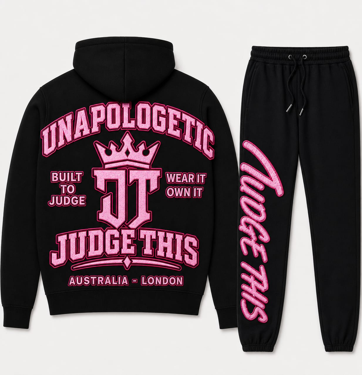 Judge This™ Unapologetic Hoodie & Trackpant Set – Teal / Electric Blue / Electric Blue & White / Red / Hot Pink / Black on Black