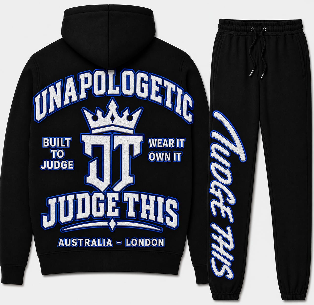 Judge This™ Unapologetic Hoodie & Trackpant Set – Teal / Electric Blue / Electric Blue & White / Red / Hot Pink / Black on Black