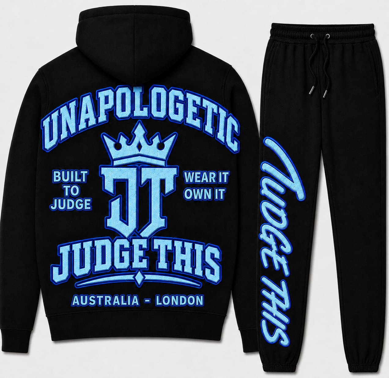 Judge This™ Unapologetic Hoodie & Trackpant Set – Teal / Electric Blue / Electric Blue & White / Red / Hot Pink / Black on Black