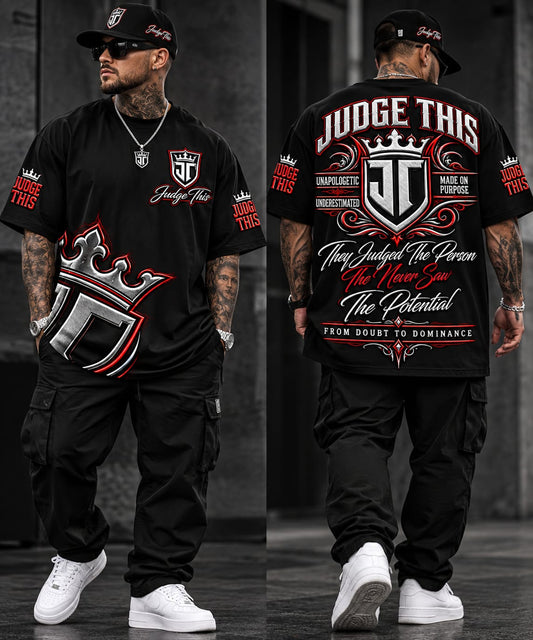 JUDGE THIS From Doubt To Dominance Oversized Tee – Black, Red & Silver