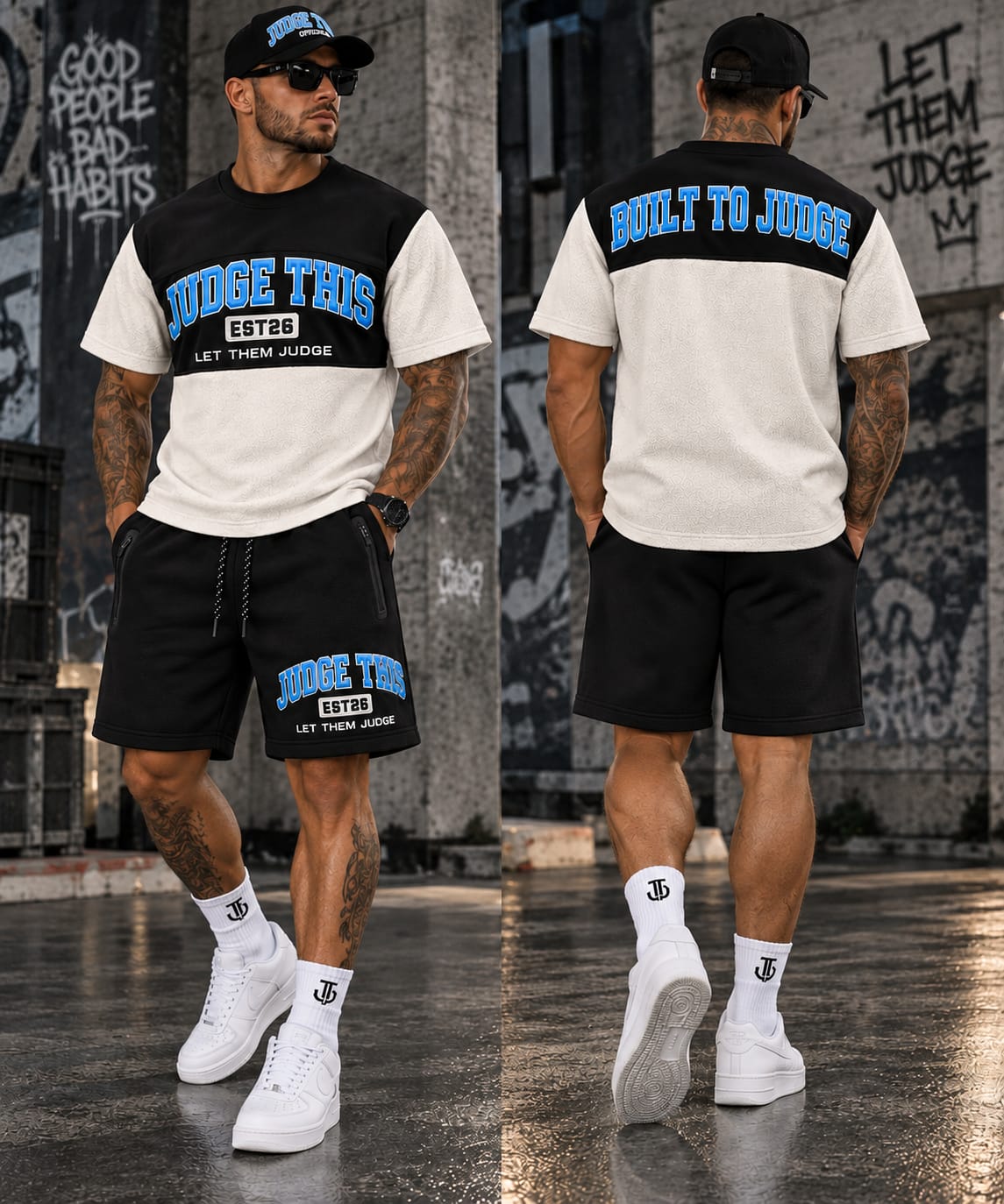 JUDGE THIS Built To Judge Tee & Shorts Set – Cream, Black & Electric Blue