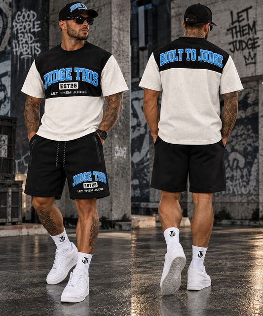 JUDGE THIS Built To Judge Tee & Shorts Set – Cream, Black & Electric Blue